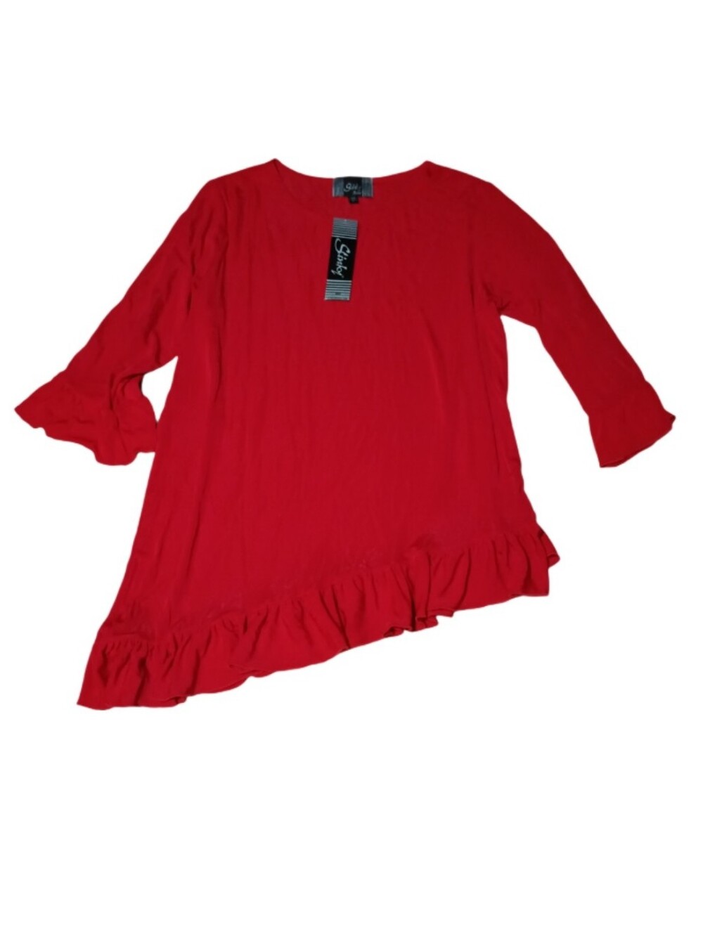Slinky Brand Red Asymmetrical Ruffle-Hem Women's Blouse